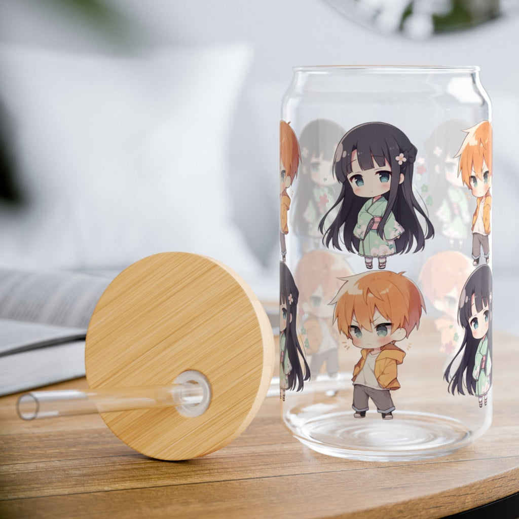 Clear glass tumbler with anime character design on a wooden table